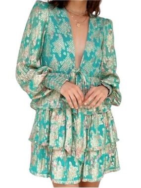 HEMANT & NANDITA Isha Teal Tiered Mini Dress - Sz M